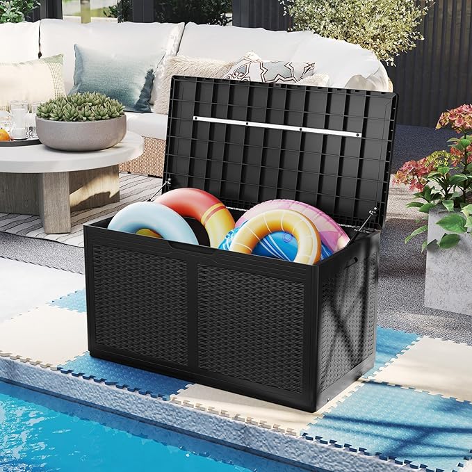 Moccha 100-Gallon Outdoor Storage Box - Waterproof Resin Deck Box with Lockable Lid & Wheels, Faux Rattan Outdoor Storage Bench for Pool Accessories, Garden Tool, Patio Furniture Cushion (Black)