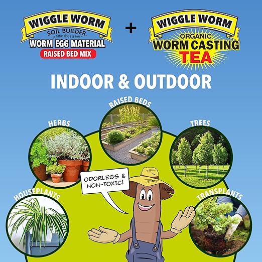 Wiggle Worm Combo Package – 8oz Organic Pure Worm Casting Tea Fertilizer Concentrate and 40lbs Worm Egg Material Raised Bed Mix Plus for Planting and Fertilization of Indoor and Outdoor Plants