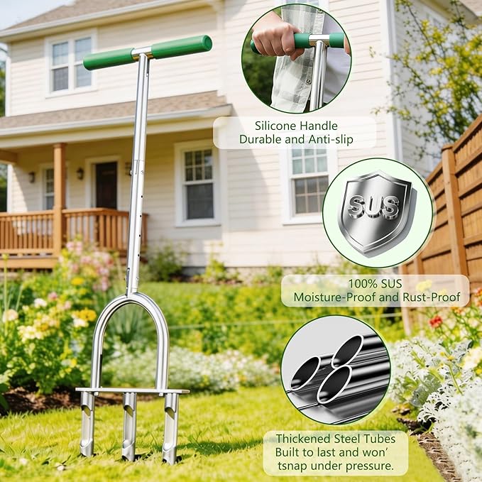 Manual Lawn Aerator Tool with 3 Hollow Tines, Adjustable Height Stainless Steel Core Aerator, Heavy Duty Plug Aerator for Lawn Soil Compaction Relief, Yard Aeration Tool