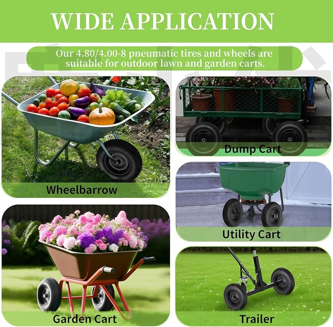 RRQ (2 Pack) 4.80/4.00-8 Tire and Wheel, 16" Pneumatic Wheelbarrow Tires with 3" Centered Hub and 3/4" Bearings (Comes with 5/8" ID Iron Tube Adapter), for Wheelbarrow, Garden Cart, Trailer and More