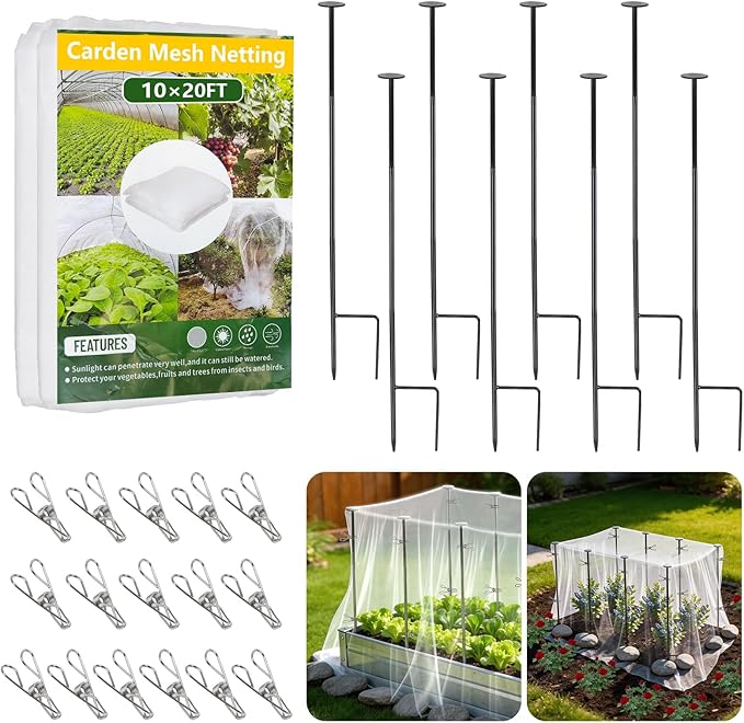 Metal Garden Netting Kit, 8 Pack 2.7ft Sturdy Outdoor Raised Beds Garden Stake Netting Support with 10'× 20' Durable Fine Insect Netting for Garden &16pcs Fixing Clips Plant Covers Set Pest Barrier