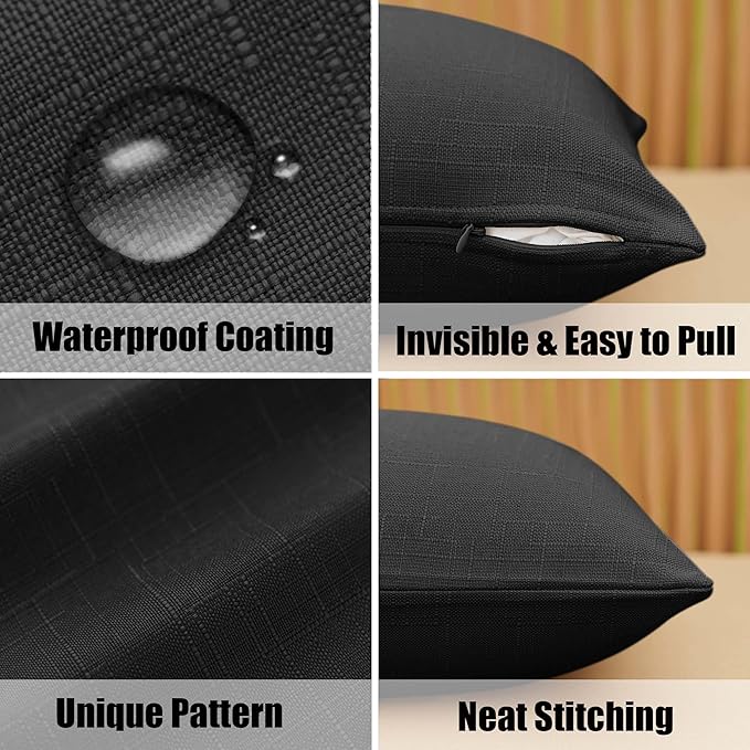 NiNi ALL Pack of 2 Decorative Outdoor Waterproof Pillow Covers Square Garden Linen Textured Cushion Sham Throw Pillowcase Set of 2 for Patio Farmhouse Garden Tent Couch 16x16 Inch Black