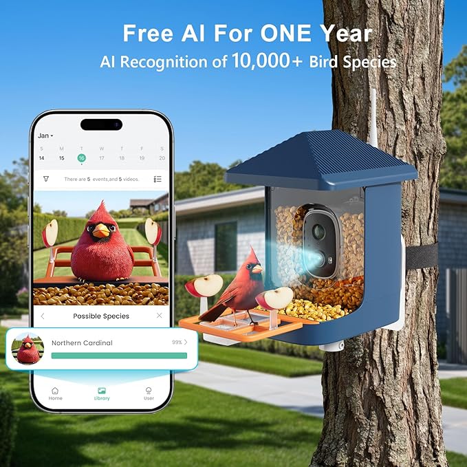 Bird Feeder with Camera 2K, 1 Year Free AI Identify 10,000+ Species 1.8L Birds Feeder Camera Bird Feeders for Outdoors Solar Powered IP65 Instant Alert, Auto Record Video Ideal Gift for Nature Lovers
