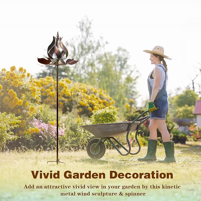 Wind Spinners Outdoor - Large Tulip Metal Bronze Color Wind Sculptures & Spinner, Kinetic Gift Ideal Windmill Decor for Garden and Yard (75 inch Height)