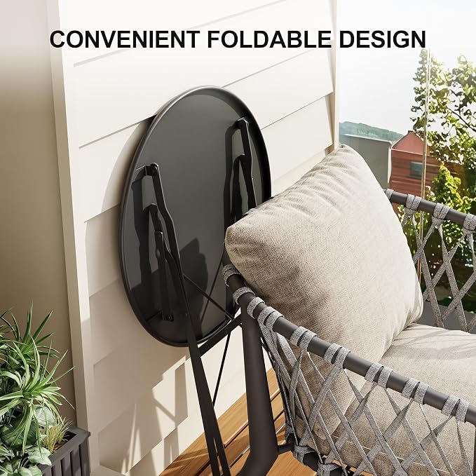 3-Piece Folding Bistro Set, Outdoor Patio Furniture Set with 2 Chairs & 1 Table, Space-Saving Foldable Balcony Garden Set with Heavy-Duty Powder-Coated Steel Frame, No Assembly Required, Black