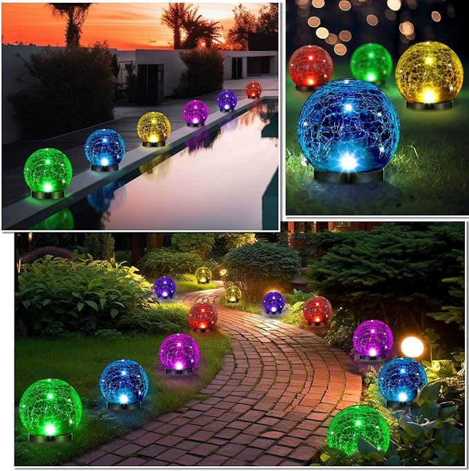 Glooglitter 3 Pcs Extra Large Solar Globes Lights Outdoor Cracked Glass Ball Solar Light Multi Color Pre Lit Crystal Waterproof Lawn Globes for Yard Landscape Garden Decor (4.72")