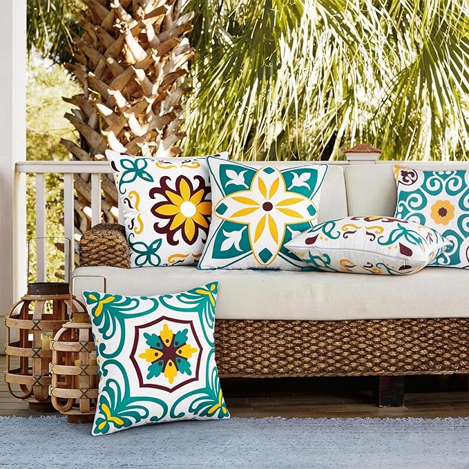 Pyonic Waterproof Outdoor Pillow Covers 18x18 inch Set of 4 Morocco Vintage Floral Boho Throw Pillow Covers Water Resist Outdoor Pillows for Patio Furniture Garden Yard,Turquoise