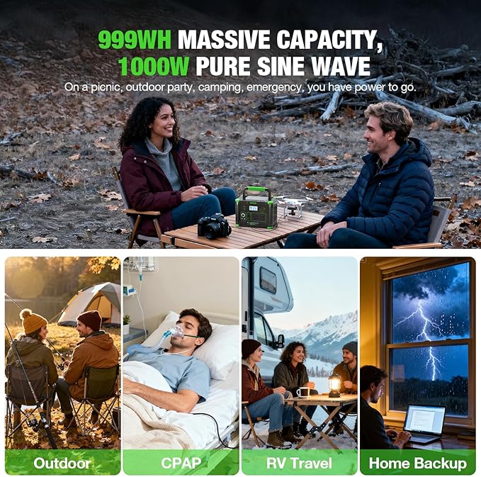 EBL Portable Power Station 1000W Solar Generator 999Wh Fast Charging Backup Battery with 5W Wireless Charging & Multiple Ports for Camping, Home Backup, RV & Off-Grid