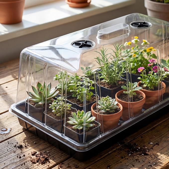 Vesici 10 Pack 1020 Plant Trays with Tall 7.87'' Humidity Domes Bulk Large Seed Tray with Handles 1020 Seed Starting Tray with Lid No Hole for Balcony Garden Seedling Planting Growing Seedling Starter
