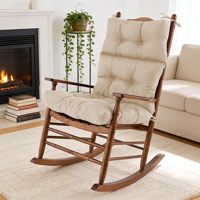 Rocking Chair Cushion, Waterproof and Fade-Resistant Adirondack Rocker Cushions, Indoor/Outdoor Rocking Chair Pads, High Back Memory Foam Patio Furniture Cushions with Ties, 44x23x4 Inch, Beige
