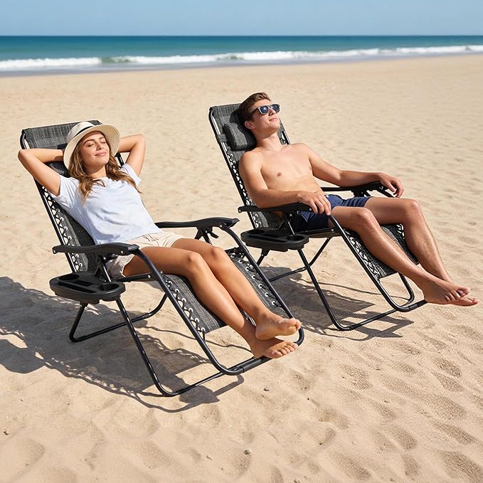Zero Gravity Chair Set of 2 Oversized Folding Recliner, Padded Anti Gravity Lounge Chair with Adjustable Pillow & Cup Holder for Outdoor Camping, Patio, Poolside, Lawn (Gray)