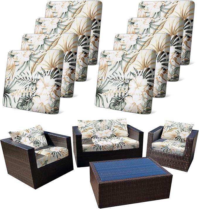 CALBODE 8Pcs Stretch Patio Cushion Cover, Tropical Floral and Leaf Pattern Sofa Covers for Patio Furniture Cushions Washable Reusable Couch Covers Replacement for All Season (Cover Only)