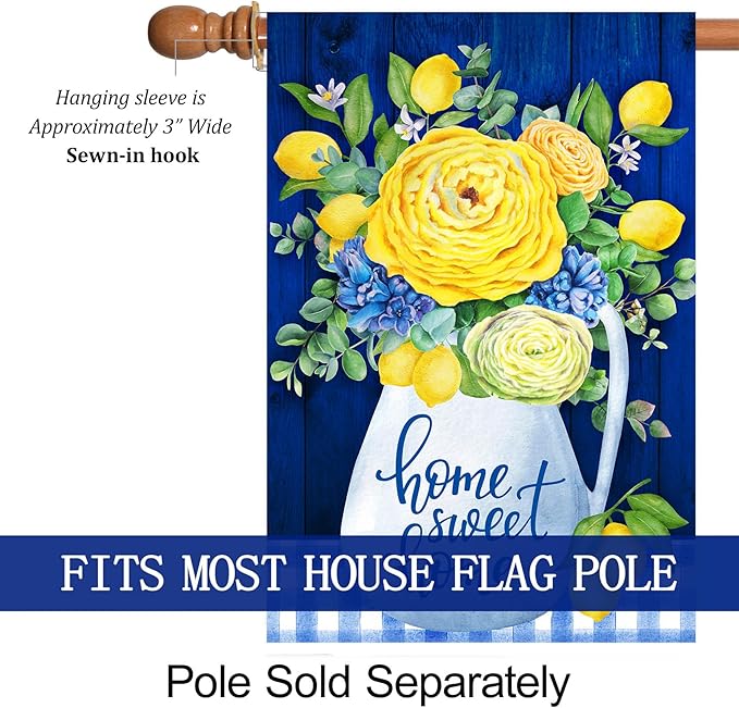 Texupday Home Sweet Home Blue and Yellow Flower Lemon Decoration Spring Summer Floral House Flag Buffalo Check Plaid Seasonal Holiday Outdoor Yard Banner 28" x 40"