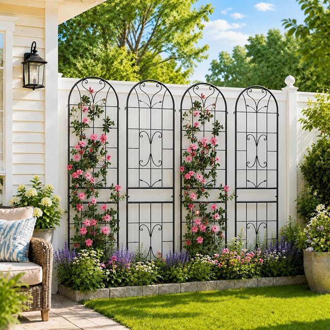 4 Pack 87x20in Garden Trellises, Ornate Scrollwork Black Metal Coated Rustproof Trellis for Climbing Plants Outdoor, Roses, Vegetables, Vines, Cucumbers