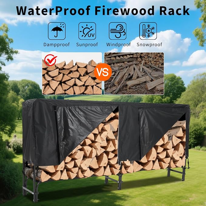 8ft Firewood Rack Holder with Cover, Heavy Duty Fire Log Stacker Stand for Fireplace, Outdoor Indoor Metal Wood Pile Storage Organizer, Patio Logs Stand tool, Black
