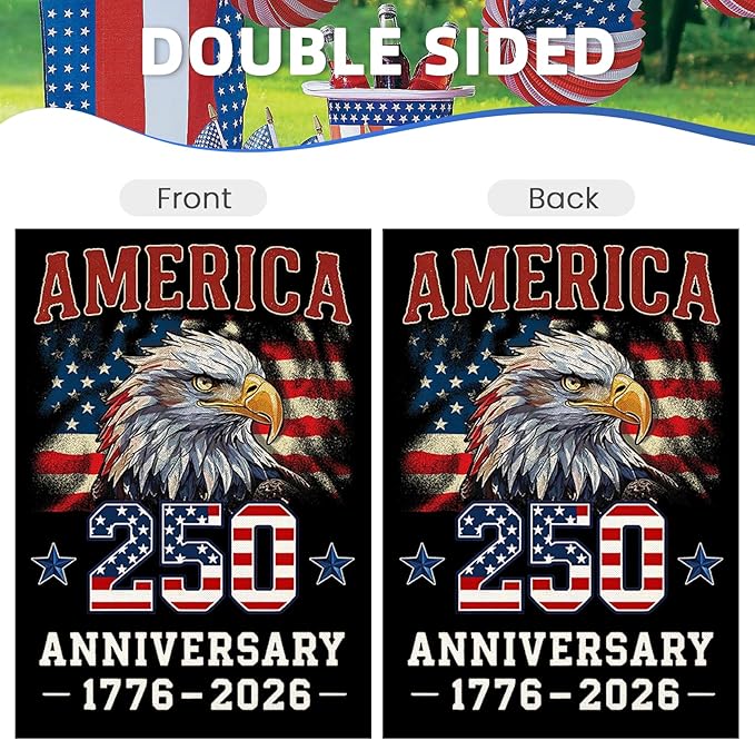 250 Anniversary USA Garden Flags for Outside, 4th of July 250th Years American Patriotic Banner, Blessing United States 12x18 Inch Double-Sided with Bald Eagle, 1776-2026 Yard Merchandise Decoration