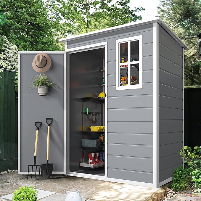 DWVO 5x3 FT Outdoor Storage Shed with Reinforced Floor, All-Weather Resin Storage Shed with Window & Lockable Door, Waterproof Plastic Tool Storage for Garden Patio