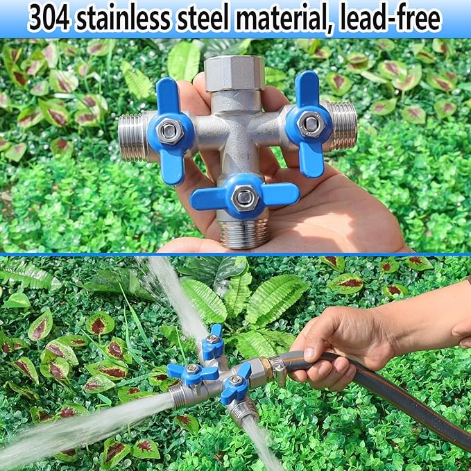 304 Stainless Steel Garden Hose Splitter 3 Way Heavy Duty, Full Flow Hose T Splitter with Long Handle,Lead-free T Valve Water Garden Hose Adapter,3/4" GHT Threads