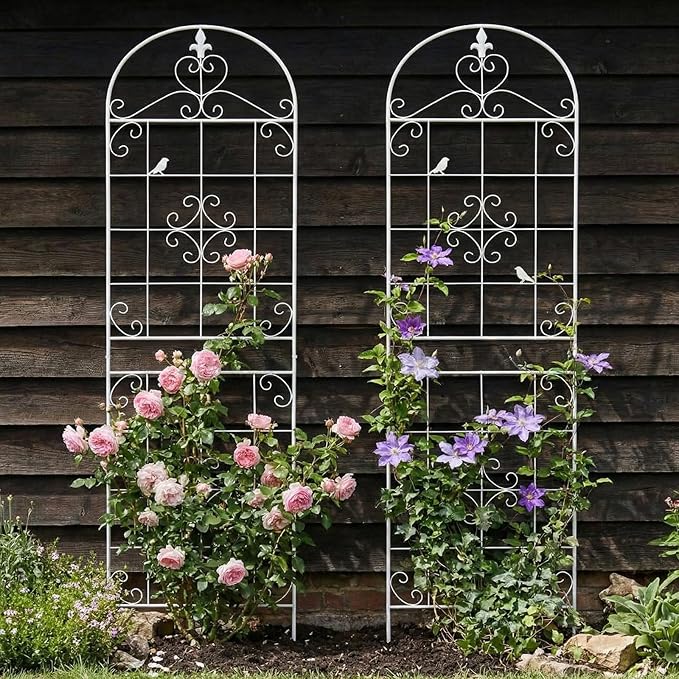 Garden Trellis for Climbing Plants Outdoor, Maidapulu 2 Pack 70.8x19.6 Inch White Metal Trellis - Rustproof Lattice Support Panel with Easy Assembly for Roses, Clematis, Cucumbers, Vegetable Garden