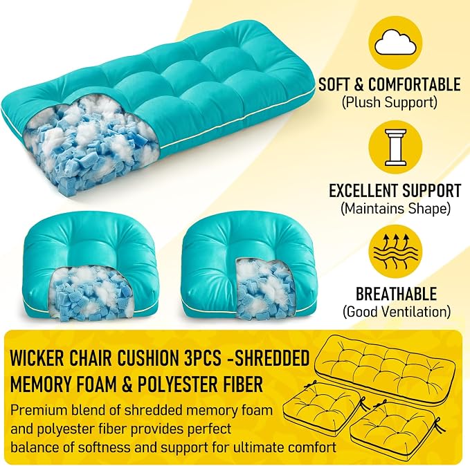 1 MIDDLE ONE Wicker Chair Cushions 3 Pieces Set for Outdoor Furniture, Replacement Patio Wicker Furniture Cushions, 1Pc Loveseat Cushion & 2Pcs Chair Cushions (Teal)