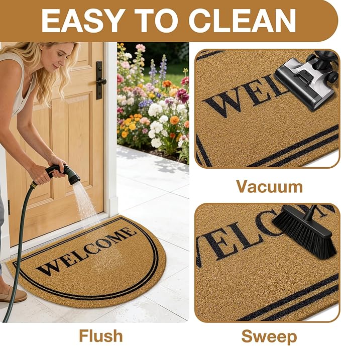 OLANLY Half Circle Front Door Mat, Low Profile Doormat, Stain and Fade Resistant, Easy to Clean, for Indoor and Outdoor Entrances, Patio Porch or Entryway, Brown (35x23 Inch, Welcome)
