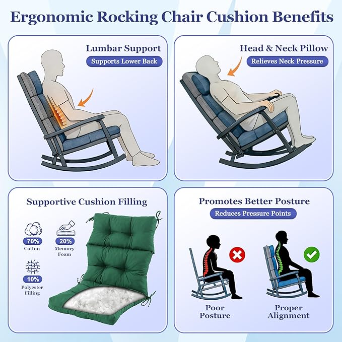 Rocking Chair Cushion, Waterproof and Fade-Resistant Adirondack Rocker Cushions, Indoor/Outdoor Rocking Chair Pads, High Back Memory Foam Patio Furniture Cushions with Ties, 44x23x4 Inch, Dark Green