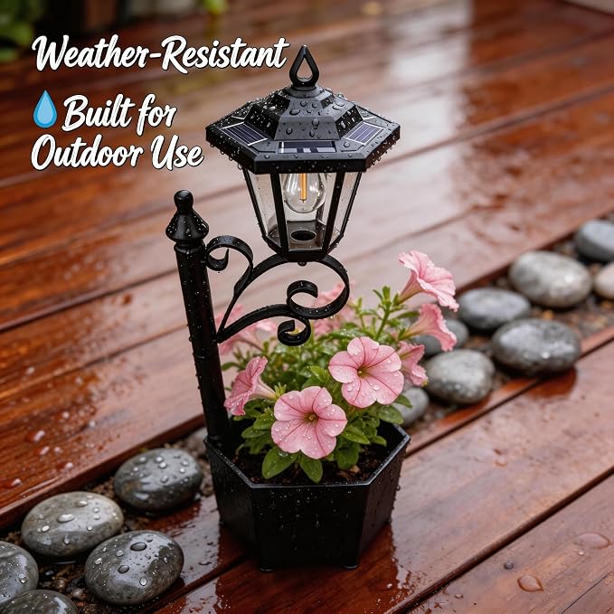 2 Pack Solar Floor Lamps with Planter (2-in-1 Design), 29.5" Outdoor LED Garden Lights - IP44 Waterproof, Warm White Auto-On at Dusk, Easy Install for Lawn, Patio, Porch, Yard & Pathway Decor