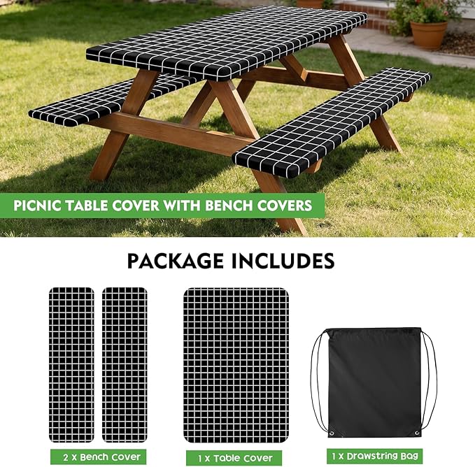 Picnic Table Cover with Bench Covers, Fitted 6ft Waterproof Tablecloth Set for Outdoor Camping & RV - Includes 1 Table Cover & 2 Bench Covers with Drawstring Storage Bag, 30"x72", White Black Grid