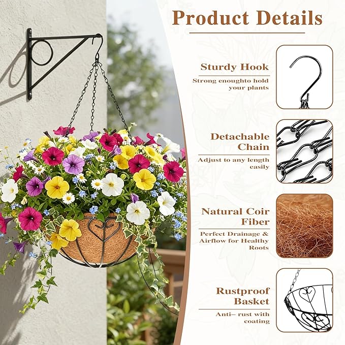 4 Pack Hanging Planter for Outdoor Plants 12 inch Metal Hanging Flower Basket with Coco Coir Liner Round Wire Plant Holder Chain Flower Pots Outdoor Garden Decoration Watering Hanging Baskets（AX）
