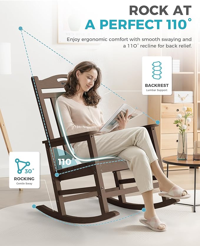 Ciokea Outdoor Rocking Chair, HDPE Porch Rocking Chairs for Outside, All-Weather Comfortable Patio Rockers for Front Deck Balcony, Espresso