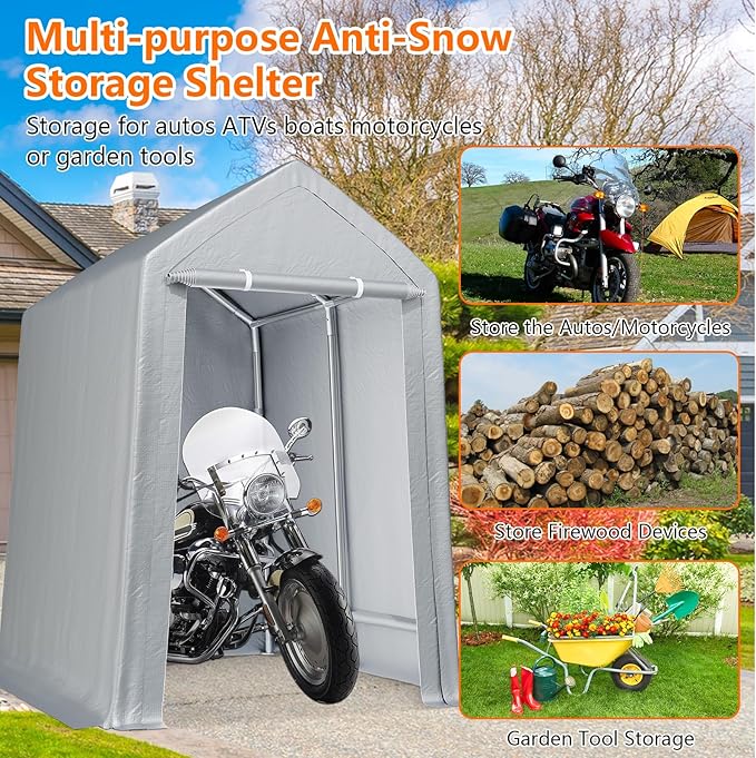 Heavy Duty Carport Canopy with Metal Frame, 12x12 ft Portable Garage & Outdoor Storage Shed, Waterproof PE Cover, Roll-Up Zipper Door, Car Port Shelter for Motorcycle, Bike, Tools, Firewood, Grey