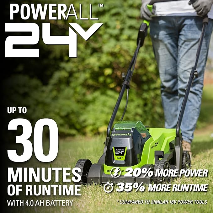 Greenworks 24V 13" Brushless Lawn Mower, String Trimmer, 4.0Ah USB Battery and Charger Included