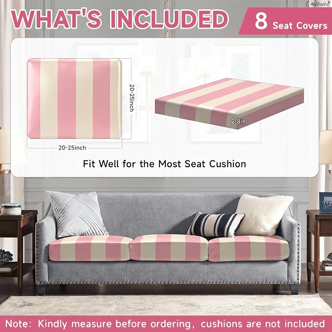 CALBODE 8 Pcs Stretch Outdoor Seat Cushion Covers, Washable Striped Chair Seat Cover for Patio Furniture Cushions Soft Indoor and Outdoor Couch Cover Replacement (Pink&Beige, Cover Only)