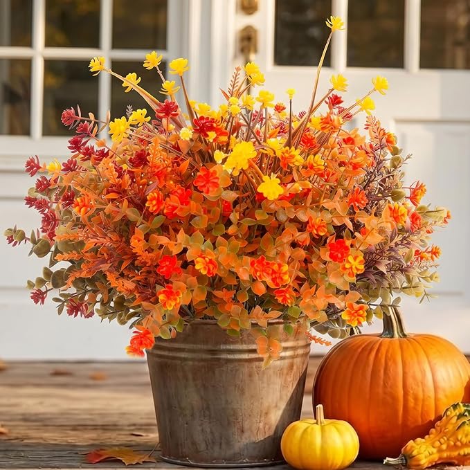 Hananona 48 Pcs Artificial Fall Flowers Outdoor, Faux Artificial Plants UV Resistant Plastic Autumn Flower for Hanging Planter Front Door Porch Window Home Decor (48, Orange)