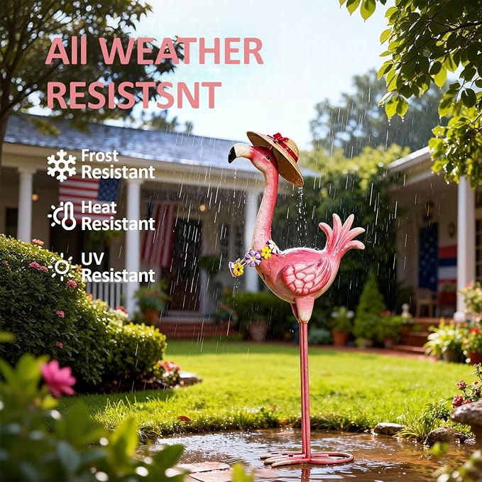 Natelf Flamingo Metal Garden Statue Outdoor Pink Hawaii Flamingo Yard Art Sculpture Decor with Flower Lei & Straw Hat, Waterproof Rust-Proof Lawn Decor for Pool, Beach, Patio, Poolside, Tropical Party