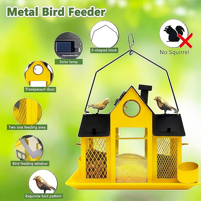 Solar Bird Feeders House for Outside Hanging, Metal Wild Bird Feeder for Outdoors Large Capacity Cardinal Birdfeeder Birdhouses Metal Bird Feeding Station Yellow