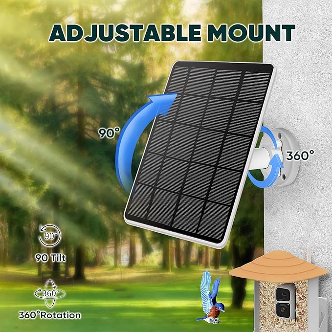 Solar Panel for Bird Feeder, Continuously 3W Power Supply for Your Bird Feeder Camera, Type-C Plug, White