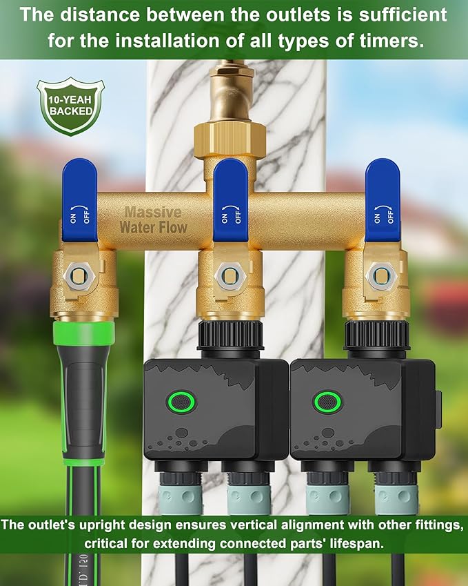 3 Way Hose Splitter, Heavy Duty Full Flow Garden Water Hose Bib Spigot Splitter, Brass Rust and Freeze Resistant Outdoor Faucet Splitter, T Adapter Connector with 3/4 - Inch GHT Thread （Blue）