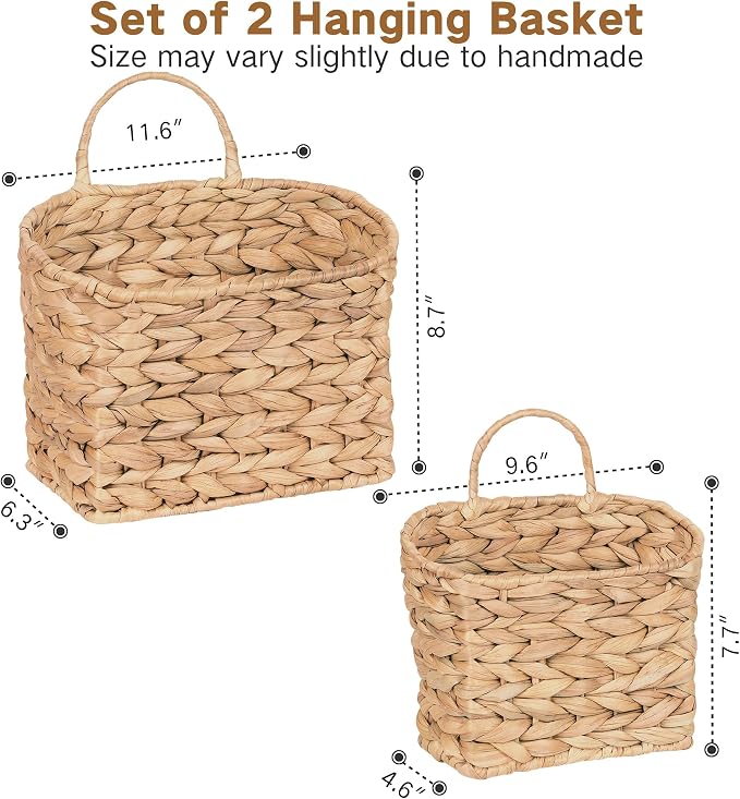 iEGrow Set of 2 Hanging Basket, Wicker Wall Basket Natural Water Hyacinth, Hanging Baskets for Organizing and Decor, Storage Baskets for Door Mounted Entryway Flower Mail Plant Garden