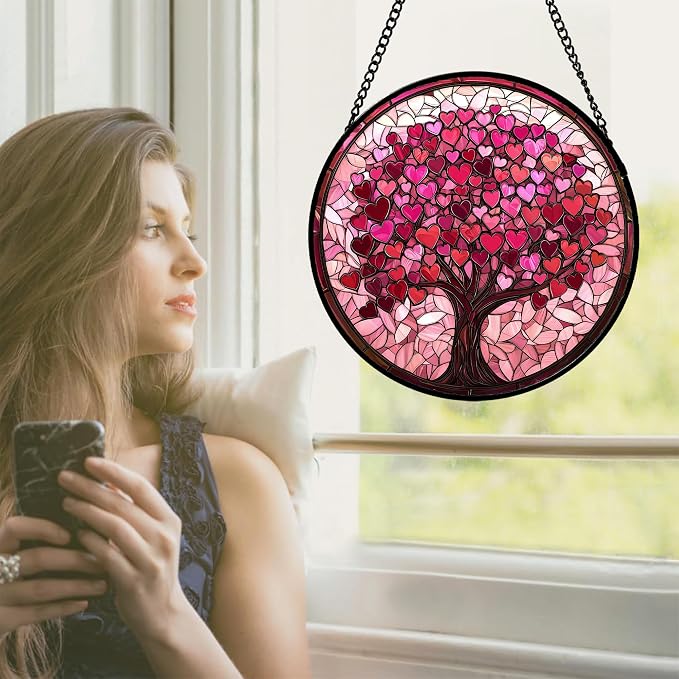 Stained Glass Window Hanging, Birthday Gifts for Women Mom Grandma Nana Wife Couple, Pink Love Tree Suncatcher for Doors Window Home Sun Catchers Gifts Decor 7.8 in