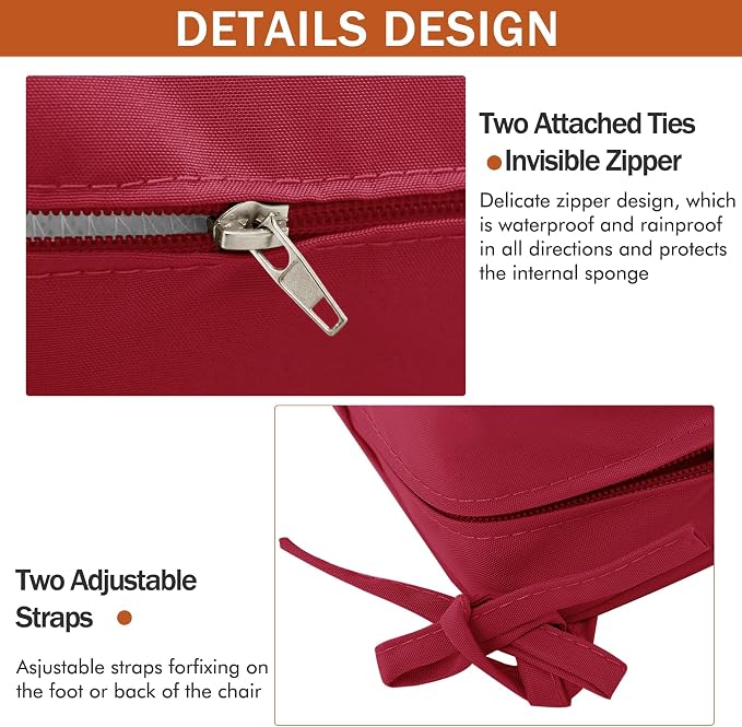 Outdoor Chair Cushions 16 x 17 Inch, Set of 4, Water Resistant Patio Chair Cushions with Tie 3 Year Color Fastness Thick Outdoor Seat Cushion for Garden Lawn Patio Furniture Burgundy