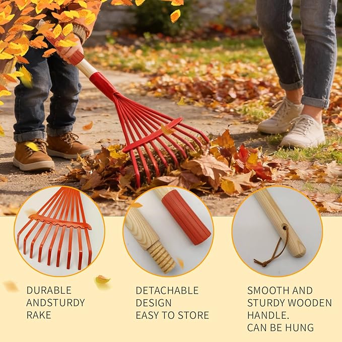2 Pcs Kids Rake and Shovel Set,28" Toddler Size Metal Snow Shovel & Leaves Rake with Wooden Handle,Real Gardening Tools for Child Age 3 for Little Helpers in Winter Yard Fun