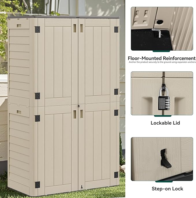 YITAHOME 60 cuft Vertical Outdoor Storage Shed w/o Shelf, Large Waterproof Storage Cabinet for Garden Shed, Tall Outdoor Storage Shed for Garage, Pool Storage, Resin, Lockable, Khaki & Brown