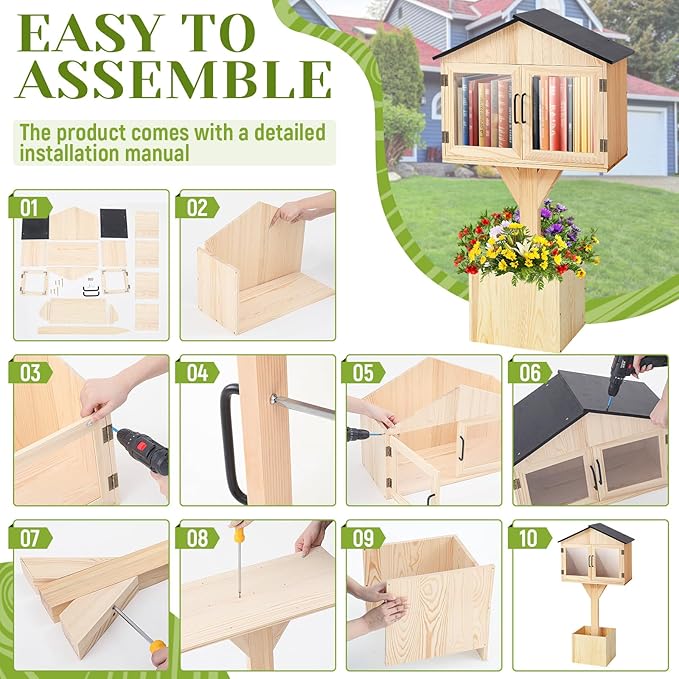 Wonderjune Little Library Box Outdoor Free Library Kit, Durable Weatherproof Solid Wood Book Exchange Box with Floor Plugs and Small Flower Fence for Neighborhoods, Community, Literature, Newspapers