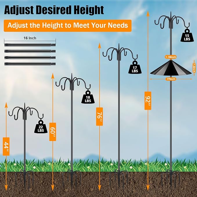 FEED GARDEN Heavy Duty Shepherds Hook Squirrel-Proof Bird Feeder Pole 92" Four Hooks 5-Prong Base & 19" Baffle for Outdoor Feeders & Plants