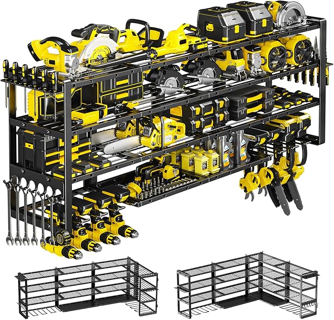 POKIPO Extra Large 64" W Power Tool Organizer Wall Mount, 1000 lbs Load Capacity, Heavy Duty 4 Tier Garage Storage Rack with 8 Drill Holders, 2 in 1 Corner or Straight Installation