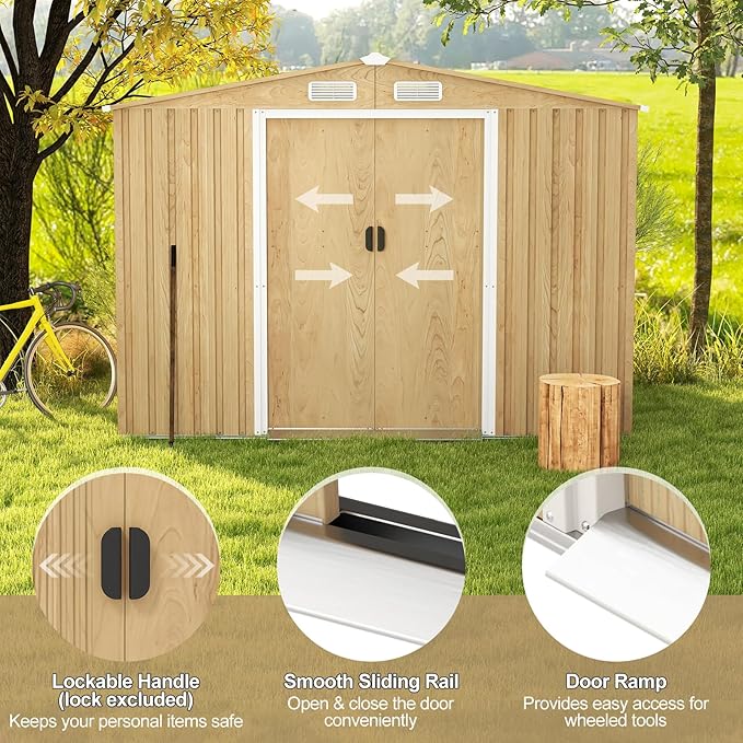 Goplus 8' x 6' Woodgrain Outdoor Storage Shed, Galvanized Metal Tool House Organizer w/Base Floor, 4 Vents, Lockable Doors, Waterproof Garden Sheds & Outdoor Storage for Backyard, Lawn, Patio