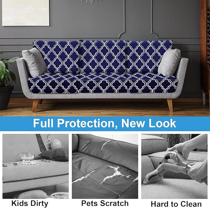 pickyNproud 8Pcs Patio Cushion Covers Stretch Outdoor Couch Cushions Slipcovers Replacement Washable Furniture Protector with Elastic Bottom Sofa Chair Seat Cover, Deep Blue