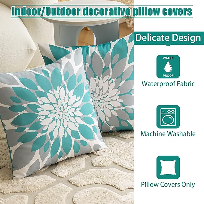 Qahing Pack of 4 Outdoor Waterproof Pillow Covers 18x18 Decorative Outdoor Throw Pillows Garden Square Cushion Cases for Patio Furniture, Couch, Tent Sunbrella, Bench, Teal Turquoise Grey