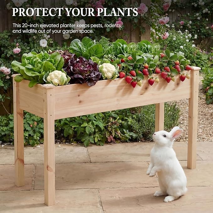 DUMOS Raised Garden Bed with Legs, 34x18x30 Inch Planter Box Outdoor with Liner for Herbs Flowers Vegetables, Elevated Wooden Garden Bed for Patio, Balcony and Backyard, Natural Wood